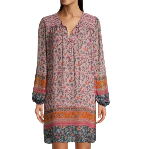 Johnny Was Maha Mini Shift Dress Floral Colorblock Long Sleeve Tie Neck Size M - Picture 1 of 10